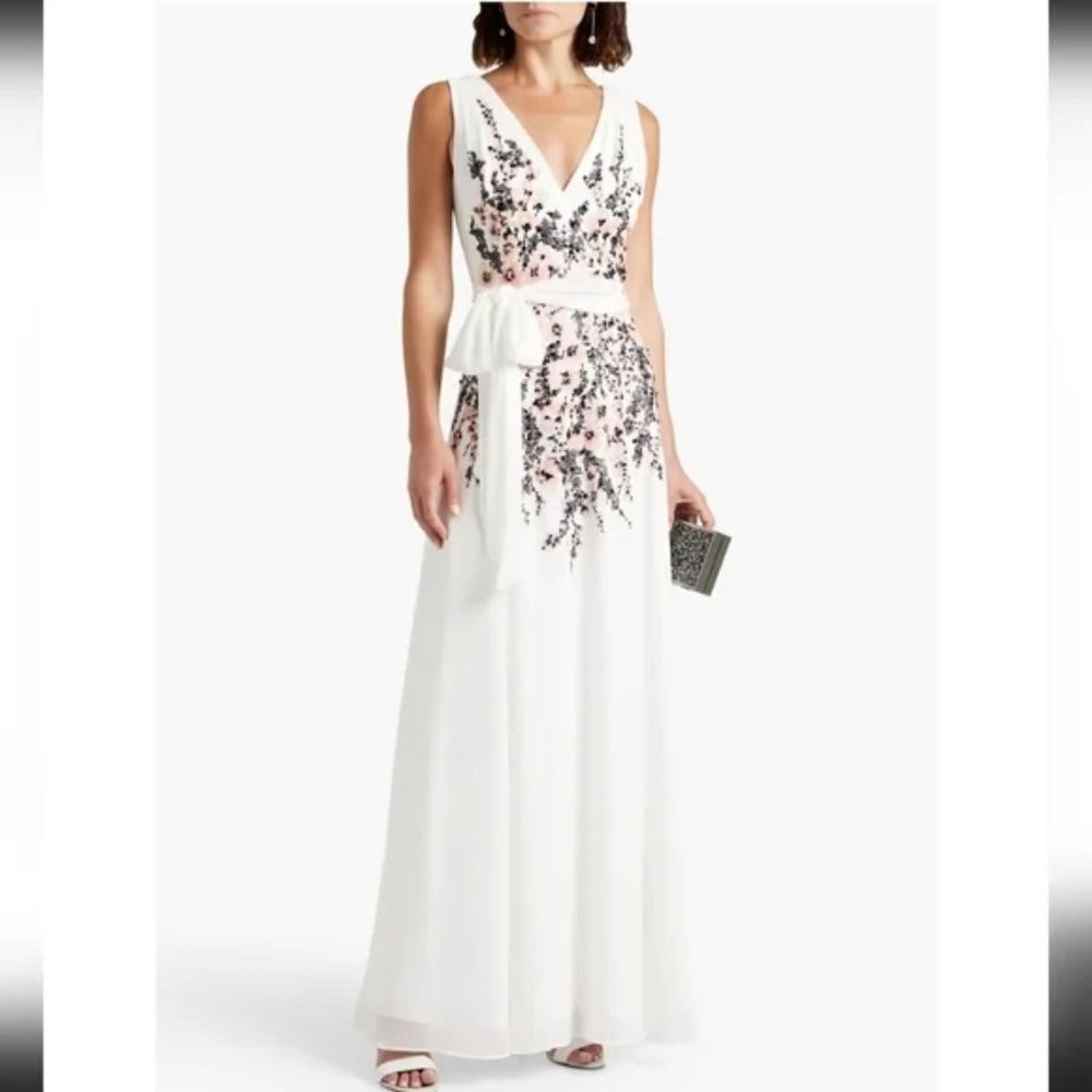 Badgley Mischka Women's White Embellished Printed Crepe De Chine Gown Size 2